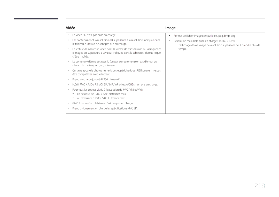 Samsung LH46MECPLGC/EN, LH32MECPLGC/EN, LH55MECPLGC/EN, LH40MECPLGC/EN manual 218, Vidéo 