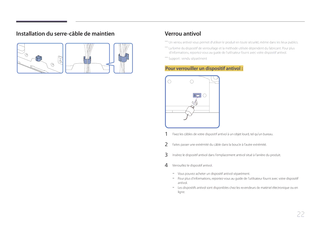 Samsung LH46MECPLGC/EN, LH32MECPLGC/EN Installation du serre-câble de maintien, Pour verrouiller un dispositif antivol 