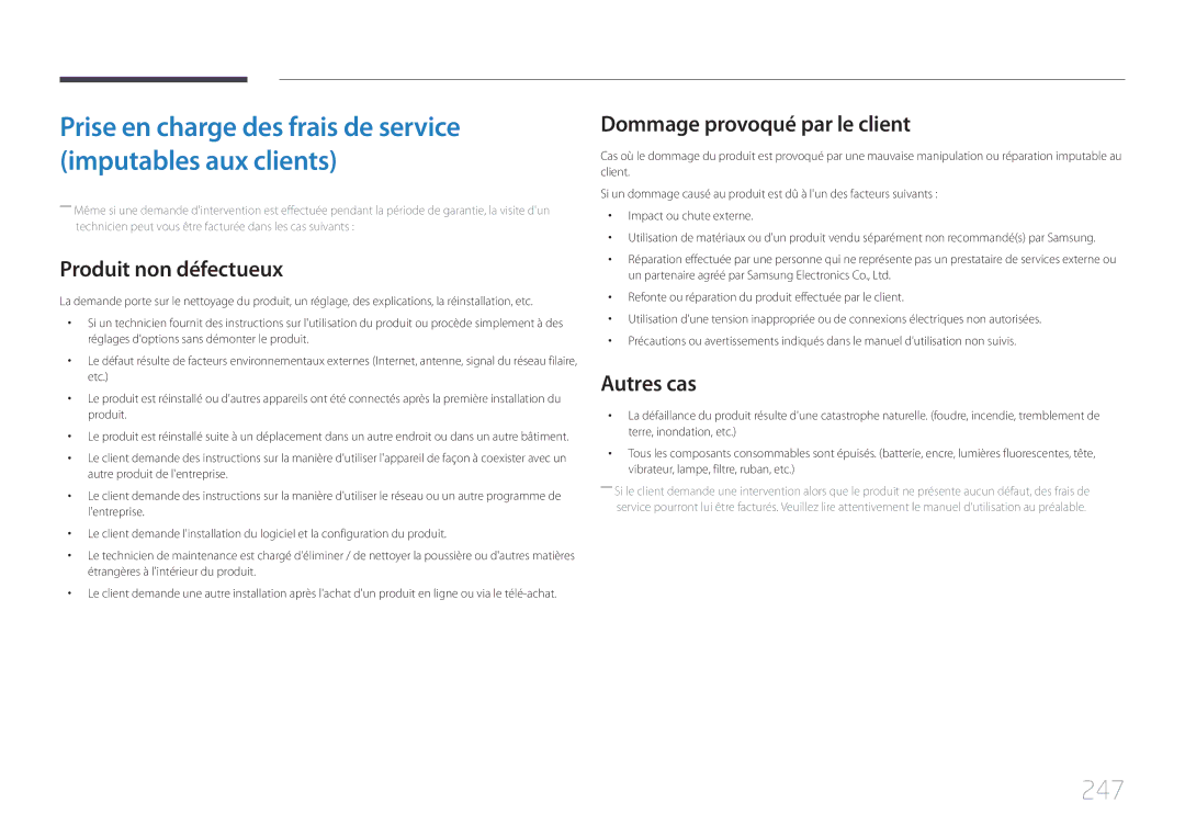 Samsung LH40MECPLGC/EN, LH32MECPLGC/EN manual 247, Produit non défectueux, Dommage provoqué par le client, Autres cas 