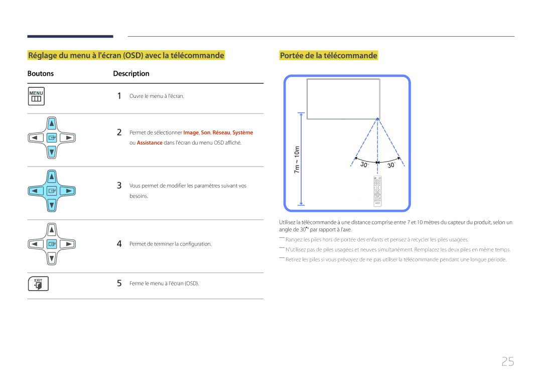 Samsung LH55MECPLGC/EN, LH32MECPLGC/EN manual Réglage du menu à lécran OSD avec la télécommande, Portée de la télécommande 