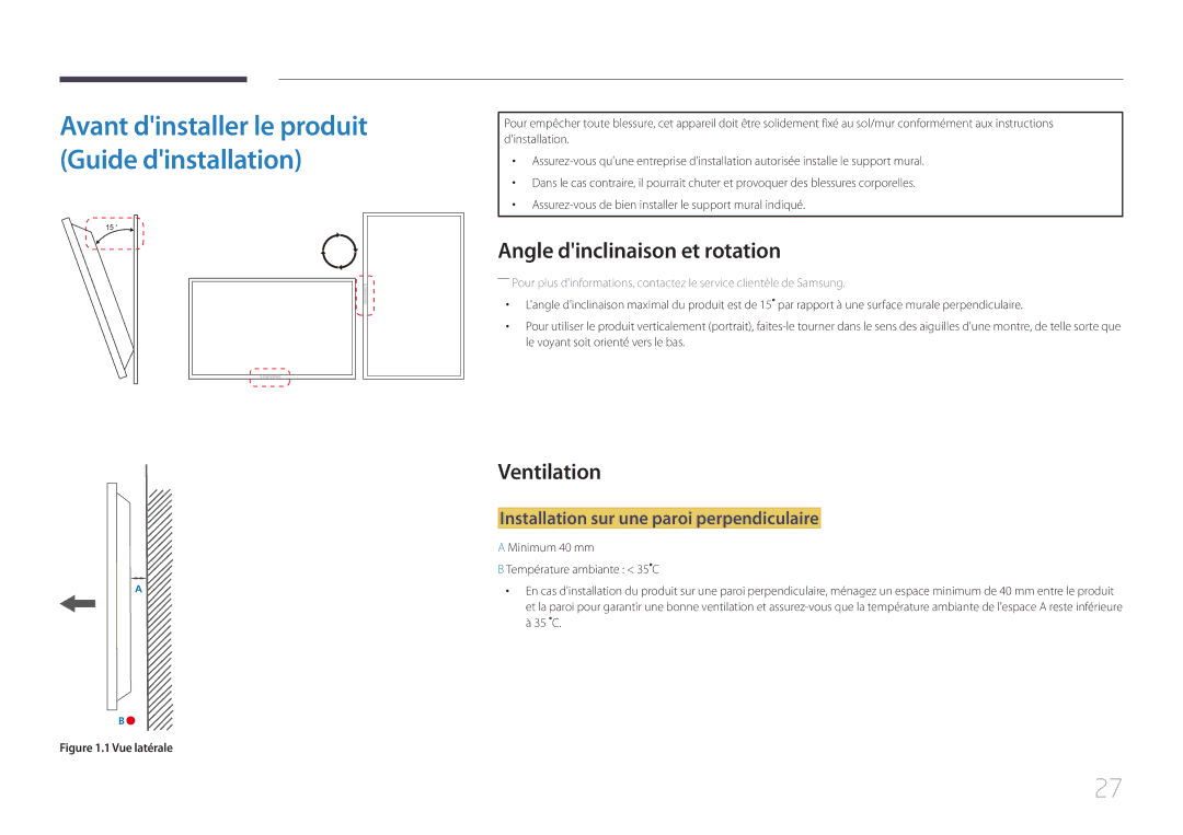 Samsung LH40MECPLGC/EN manual Angle dinclinaison et rotation, Ventilation, Installation sur une paroi perpendiculaire 