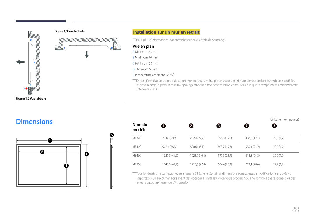 Samsung LH32MECPLGC/EN, LH55MECPLGC/EN manual Dimensions, Installation sur un mur en retrait, Vue en plan, Nom du Modèle 