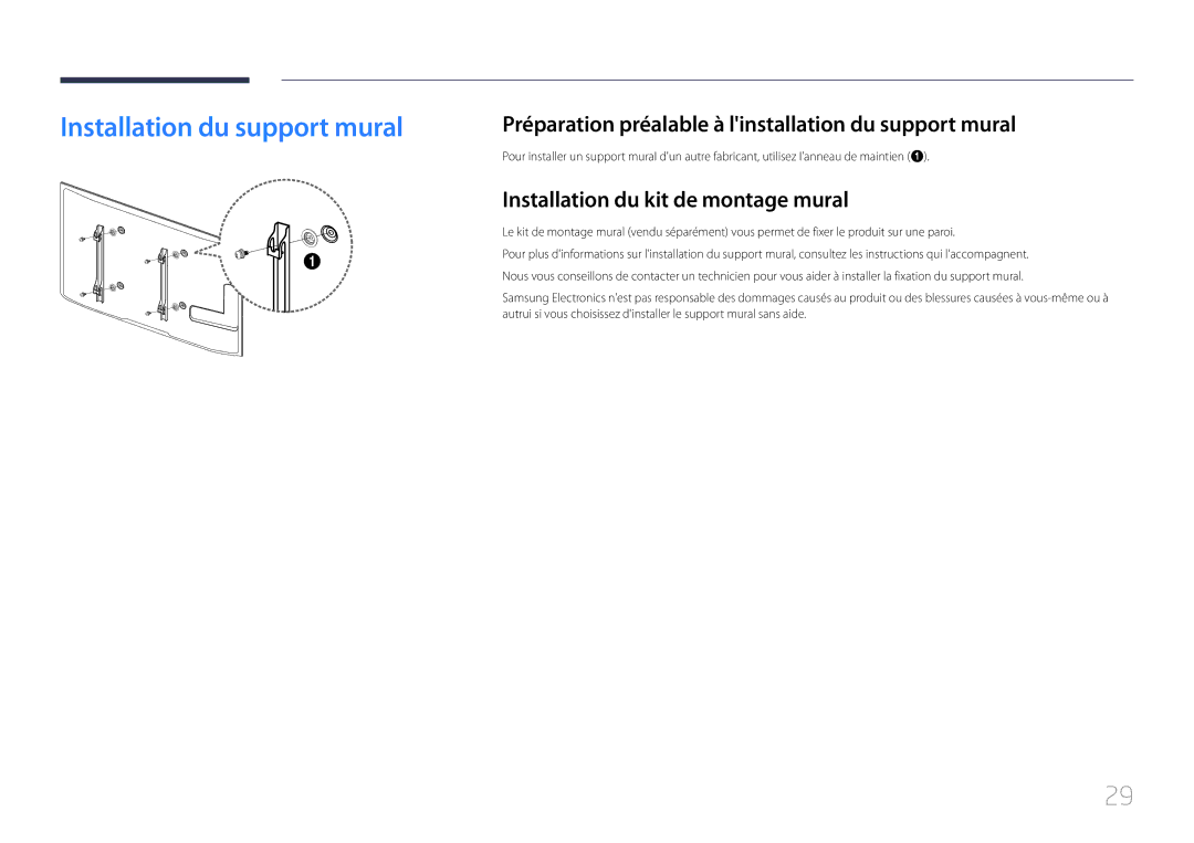 Samsung LH55MECPLGC/EN manual Installation du support mural, Préparation préalable à linstallation du support mural 
