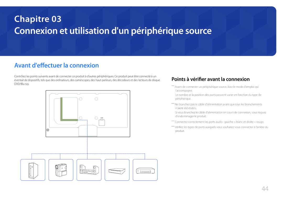 Samsung LH32MECPLGC/EN, LH55MECPLGC/EN Connexion et utilisation dun périphérique source, Avant deffectuer la connexion 