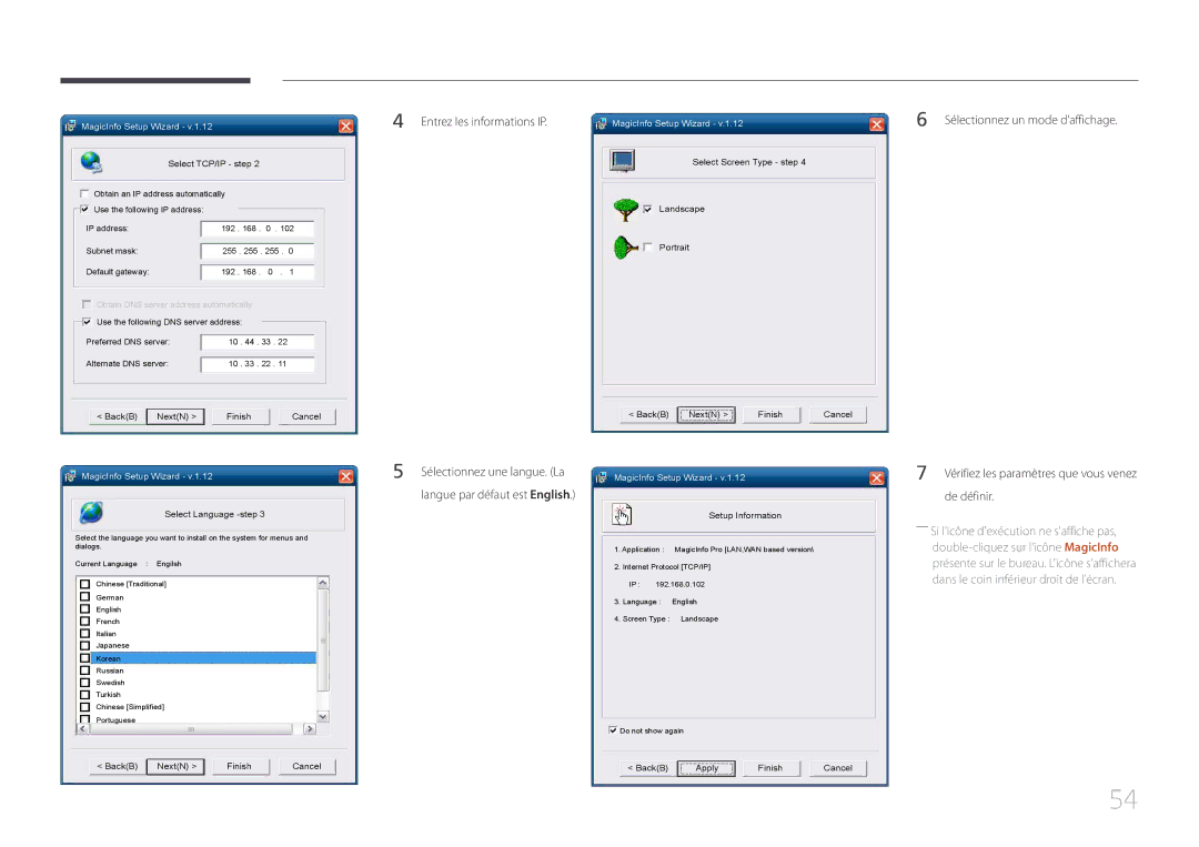 Samsung LH46MECPLGC/EN manual Entrez les informations IP, Sélectionnez une langue. La, Langue par défaut est English 