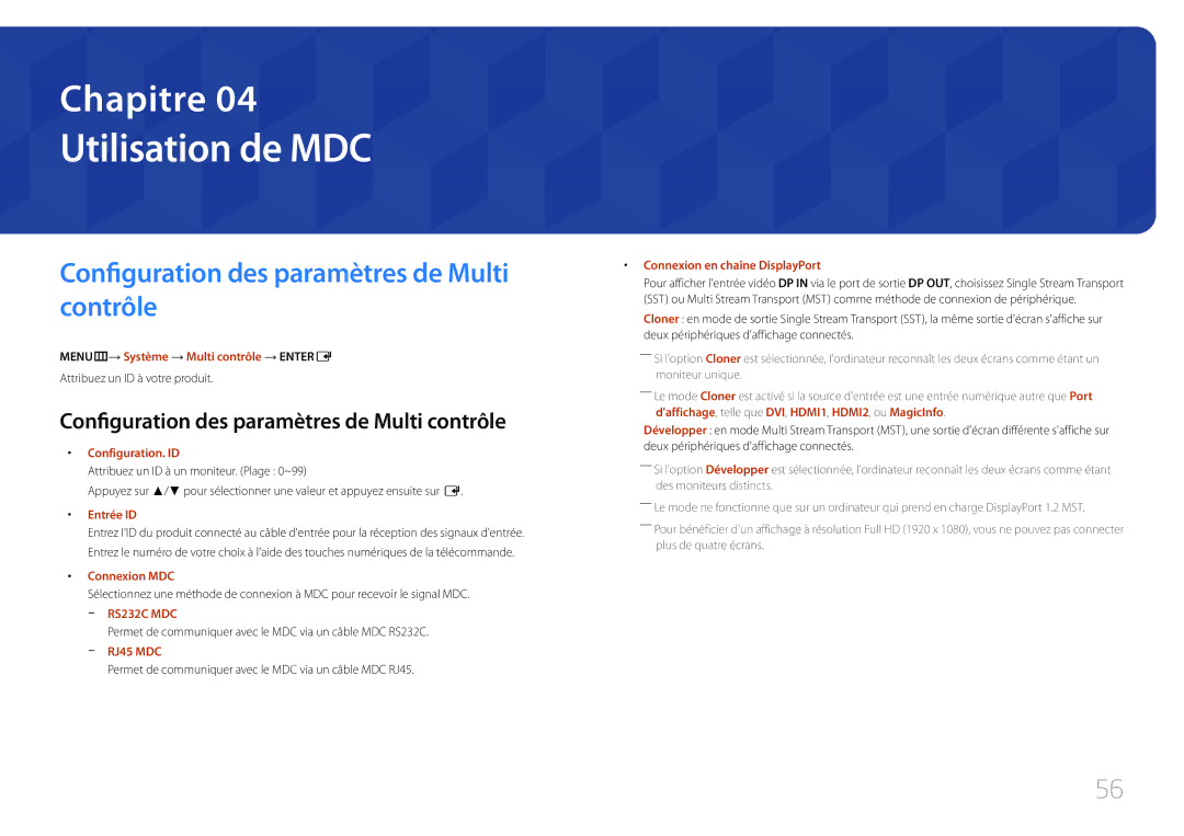 Samsung LH32MECPLGC/EN, LH55MECPLGC/EN, LH46MECPLGC/EN Utilisation de MDC, Configuration des paramètres de Multi contrôle 