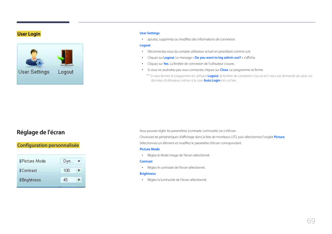 Samsung LH55MECPLGC/EN manual Réglage de lécran, Configuration personnalisée, Réglez le Mode Image de lécran sélectionné 