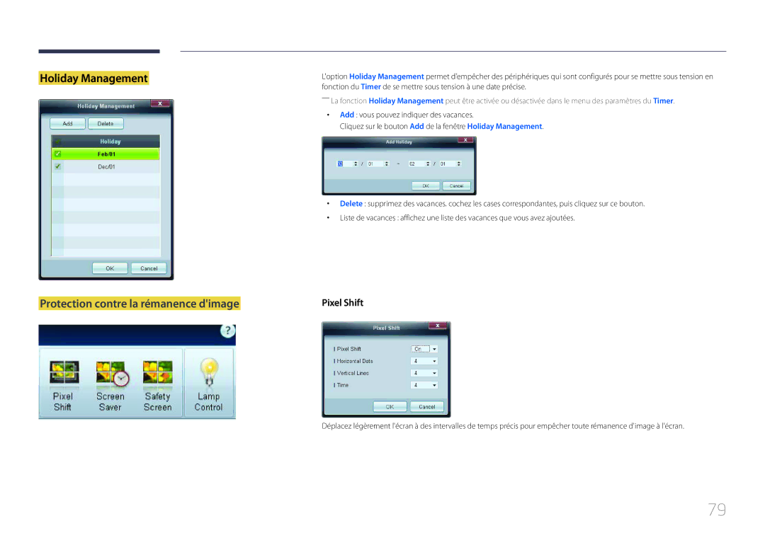 Samsung LH40MECPLGC/EN, LH32MECPLGC/EN, LH55MECPLGC/EN manual Holiday Management, Protection contre la rémanence dimage 