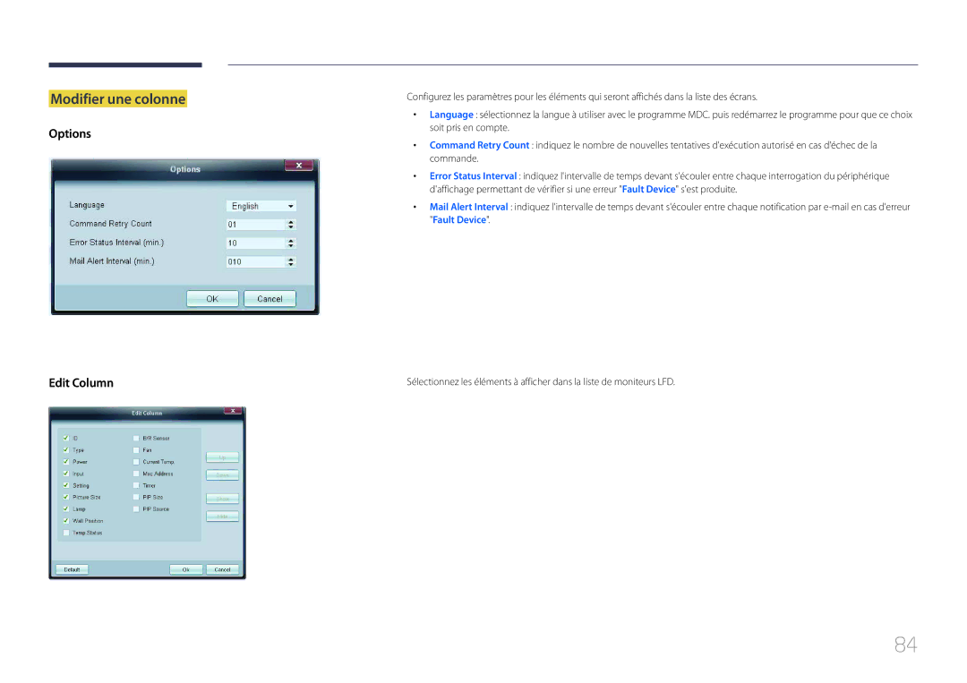 Samsung LH32MECPLGC/EN, LH55MECPLGC/EN, LH46MECPLGC/EN, LH40MECPLGC/EN manual Modifier une colonne, Options Edit Column 