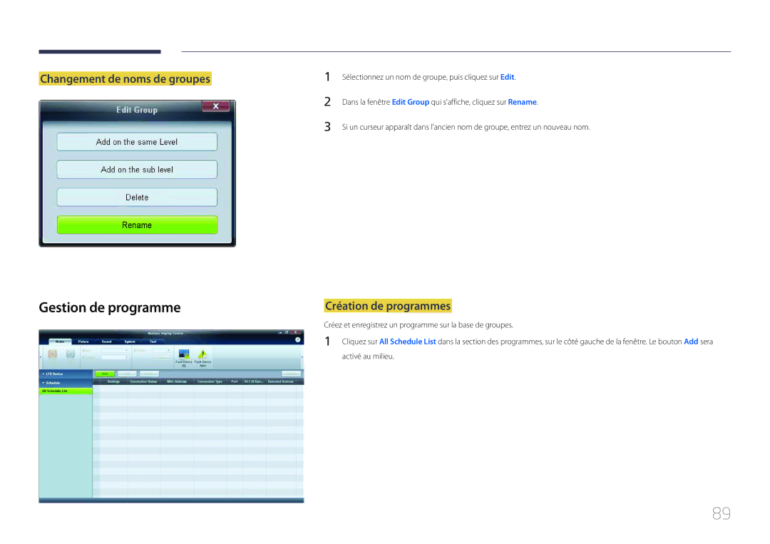 Samsung LH55MECPLGC/EN, LH32MECPLGC/EN manual Gestion de programme, Changement de noms de groupes, Création de programmes 