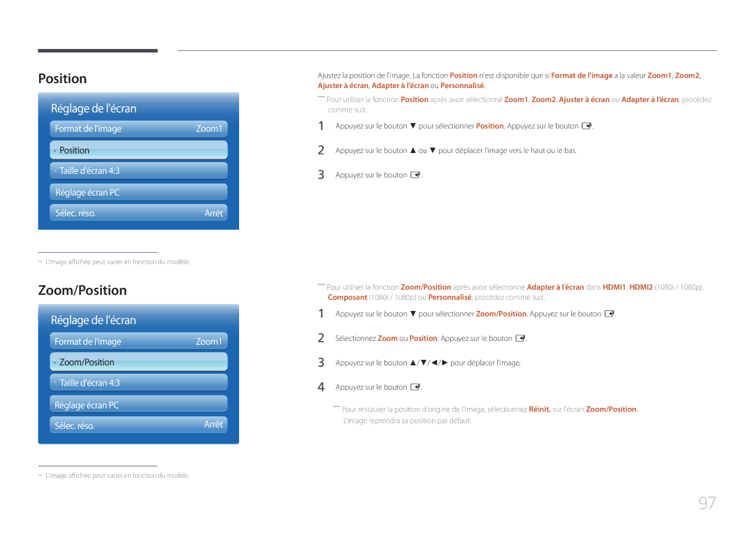 Samsung LH55MECPLGC/EN, LH32MECPLGC/EN Zoom/Position, Format de limage, · Taille décran Réglage écran PC Sélec. réso 