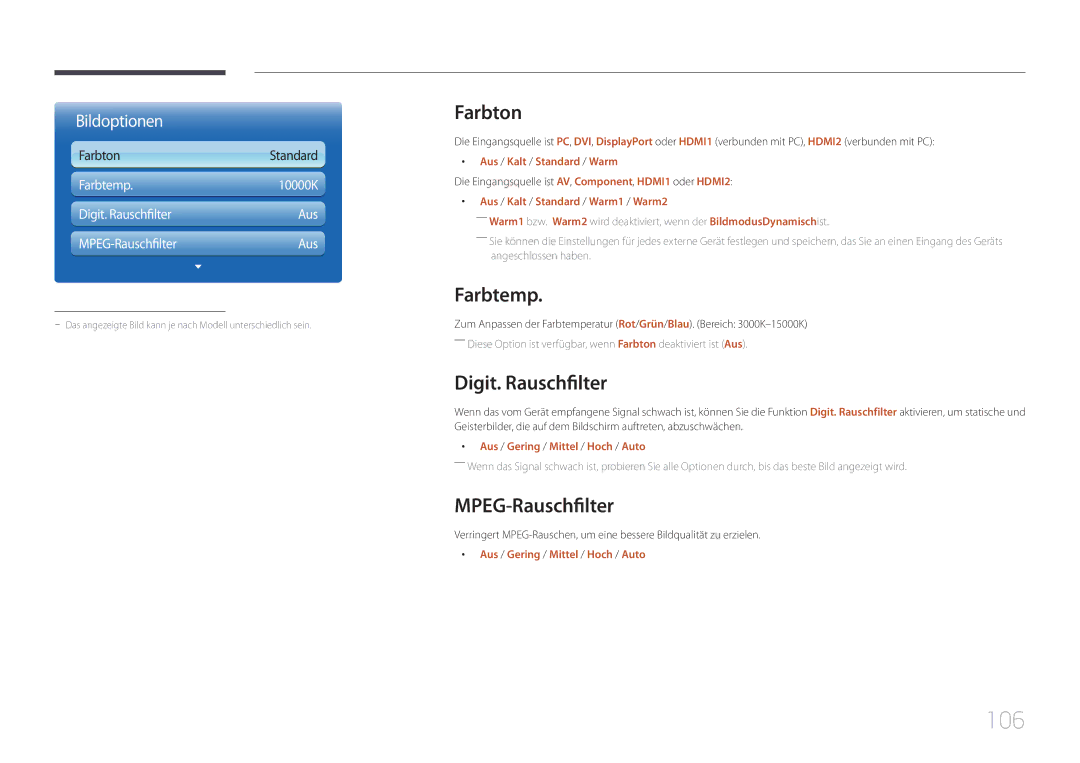 Samsung LH46MECPLGC/EN, LH32MECPLGC/EN, LH55MECPLGC/EN manual 106, Farbton, Farbtemp, Digit. Rauschfilter, MPEG-Rauschfilter 