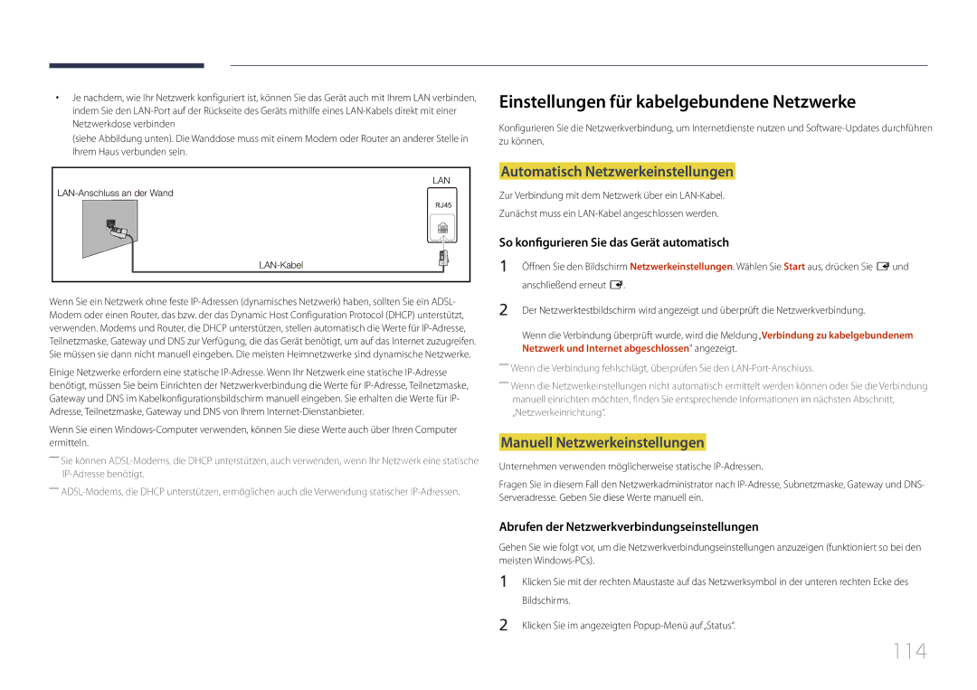 Samsung LH46MECPLGC/EN, LH32MECPLGC/EN 114, Einstellungen für kabelgebundene Netzwerke, Automatisch Netzwerkeinstellungen 