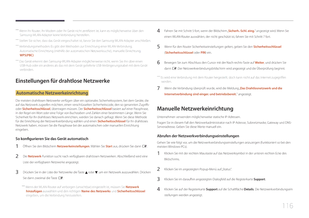 Samsung LH32MECPLGC/EN, LH55MECPLGC/EN manual 116, Einstellungen für drahtlose Netzwerke, Manuelle Netzwerkeinrichtung 