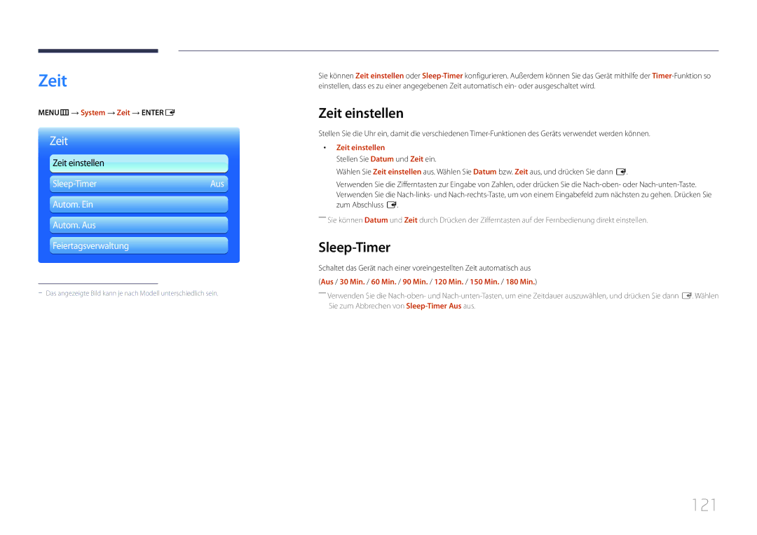 Samsung LH55MECPLGC/EN, LH32MECPLGC/EN, LH46MECPLGC/EN, LH40MECPLGC/EN manual 121, Zeit einstellen, Sleep-Timer 