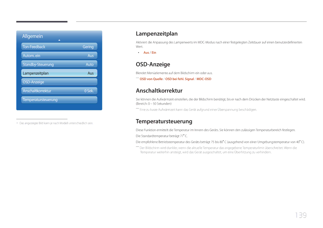 Samsung LH40MECPLGC/EN, LH32MECPLGC/EN manual 139, Lampenzeitplan, OSD-Anzeige, Anschaltkorrektur, Temperatursteuerung 