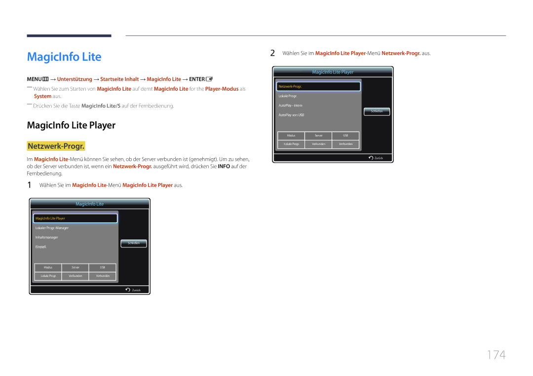 Samsung LH46MECPLGC/EN, LH32MECPLGC/EN, LH55MECPLGC/EN, LH40MECPLGC/EN manual 174, MagicInfo Lite Player, Netzwerk-Progr 