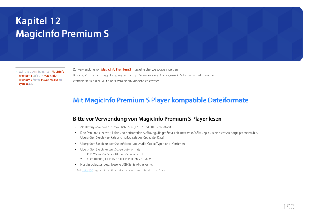 Samsung LH46MECPLGC/EN, LH32MECPLGC/EN, LH55MECPLGC/EN manual Mit MagicInfo Premium S Player kompatible Dateiformate, 190 