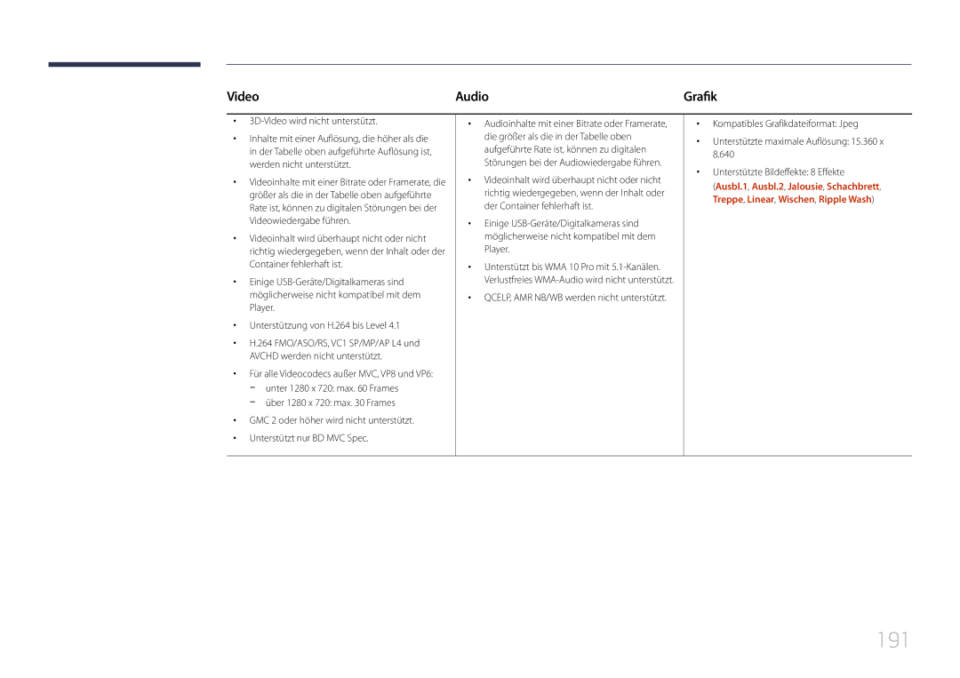 Samsung LH40MECPLGC/EN, LH32MECPLGC/EN, LH55MECPLGC/EN, LH46MECPLGC/EN manual 191, Video Audio 