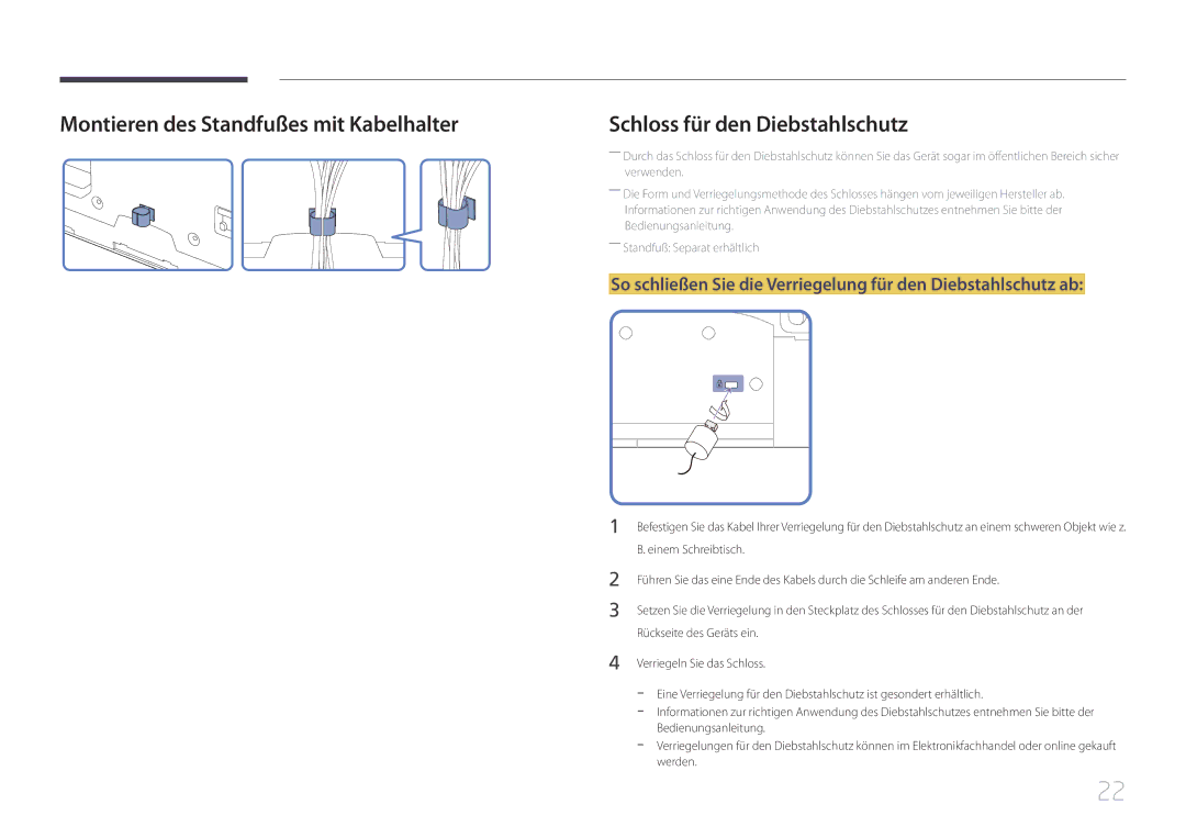 Samsung LH46MECPLGC/EN, LH32MECPLGC/EN, LH55MECPLGC/EN, LH40MECPLGC/EN manual Montieren des Standfußes mit Kabelhalter 