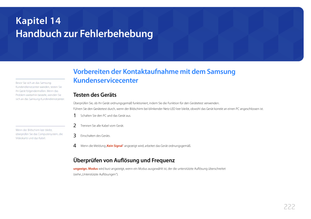 Samsung LH46MECPLGC/EN manual Handbuch zur Fehlerbehebung, 222, Testen des Geräts, Überprüfen von Auflösung und Frequenz 