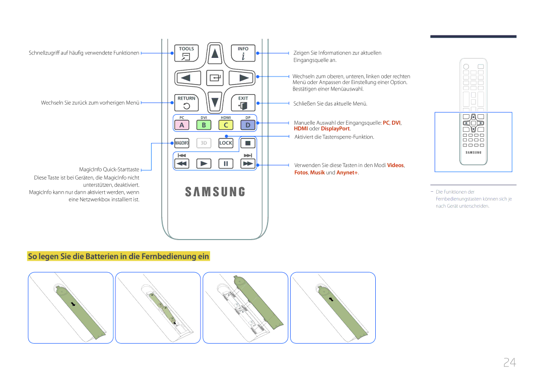 Samsung LH32MECPLGC/EN manual So legen Sie die Batterien in die Fernbedienung ein, Wechseln Sie zurück zum vorherigen Menü 