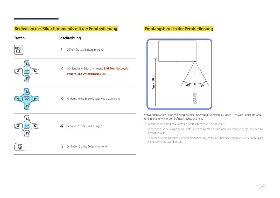 Samsung LH55MECPLGC/EN manual Bedieneen des Bildschirmmenüs mit der Fernbedienung, Empfangsbereich der Fernbedienung 