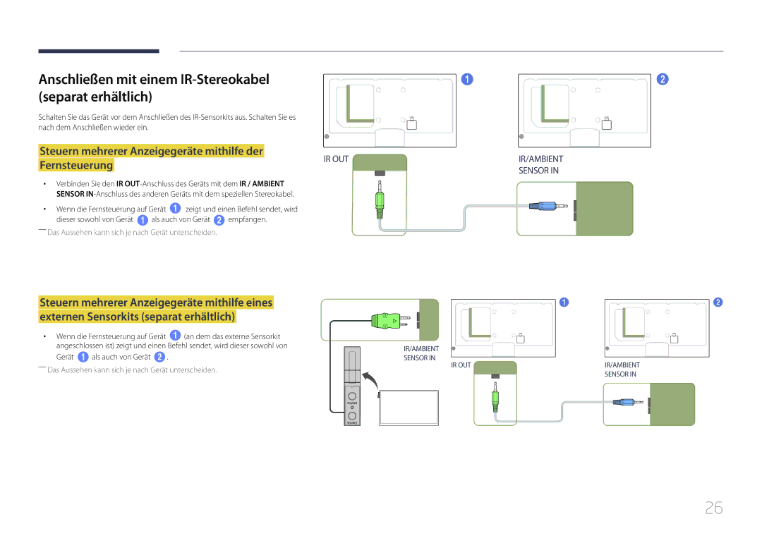 Samsung LH46MECPLGC/EN, LH32MECPLGC/EN Anschließen mit einem IR-Stereokabel separat erhältlich, Gerät 1 als auch von Gerät 