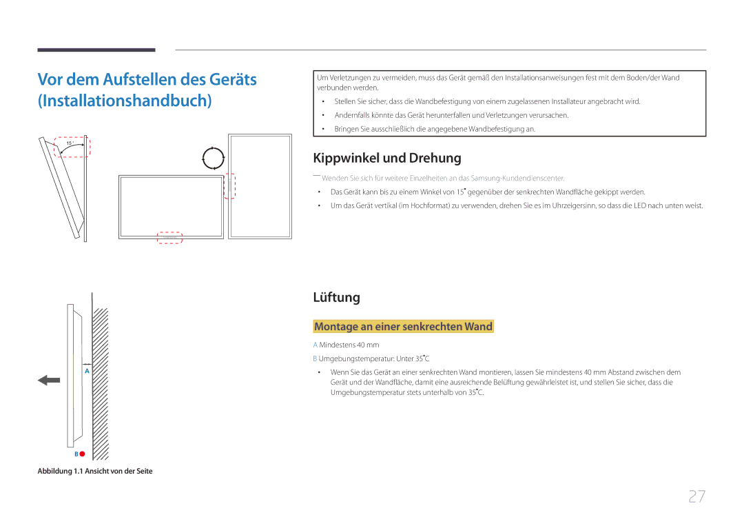 Samsung LH40MECPLGC/EN, LH32MECPLGC/EN, LH55MECPLGC/EN Kippwinkel und Drehung, Lüftung, Montage an einer senkrechten Wand 