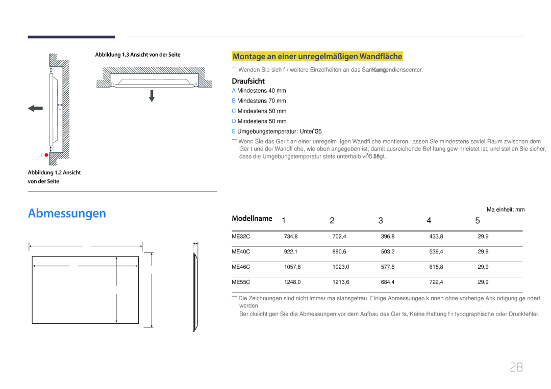 Samsung LH32MECPLGC/EN, LH55MECPLGC/EN Abmessungen, Montage an einer unregelmäßigen Wandfläche, Draufsicht, Modellname 