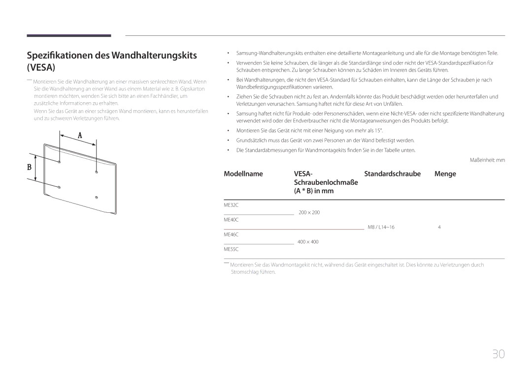 Samsung LH46MECPLGC/EN, LH32MECPLGC/EN, LH55MECPLGC/EN, LH40MECPLGC/EN Spezifikationen des Wandhalterungskits Vesa, Menge 