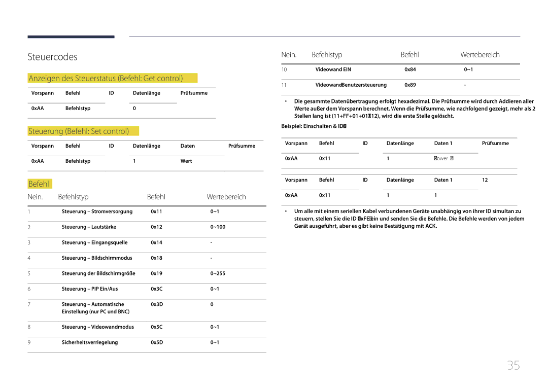 Samsung LH40MECPLGC/EN manual Steuercodes, Anzeigen des Steuerstatus Befehl Get control, Steuerung Befehl Set control 