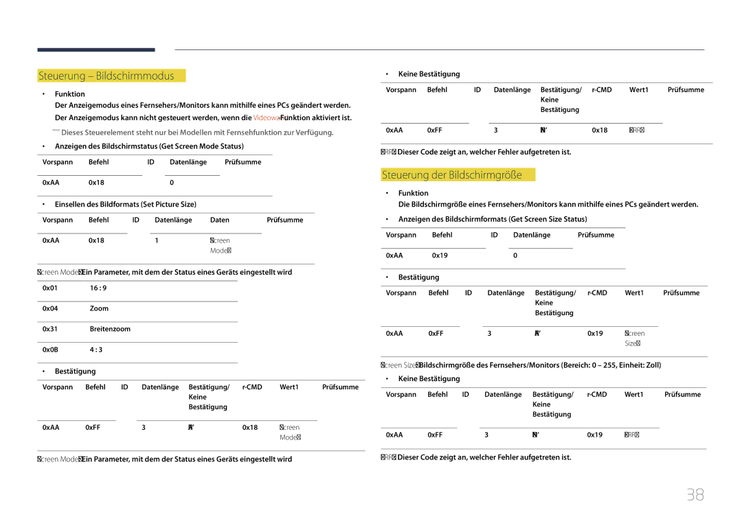 Samsung LH46MECPLGC/EN, LH32MECPLGC/EN, LH55MECPLGC/EN manual Steuerung Bildschirmmodus, Steuerung der Bildschirmgröße 