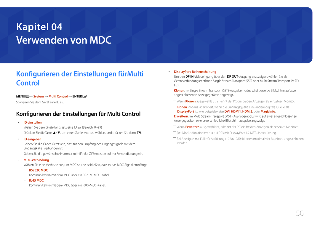 Samsung LH32MECPLGC/EN, LH55MECPLGC/EN, LH46MECPLGC/EN Verwenden von MDC, Konfigurieren der Einstellungen fürMulti Control 