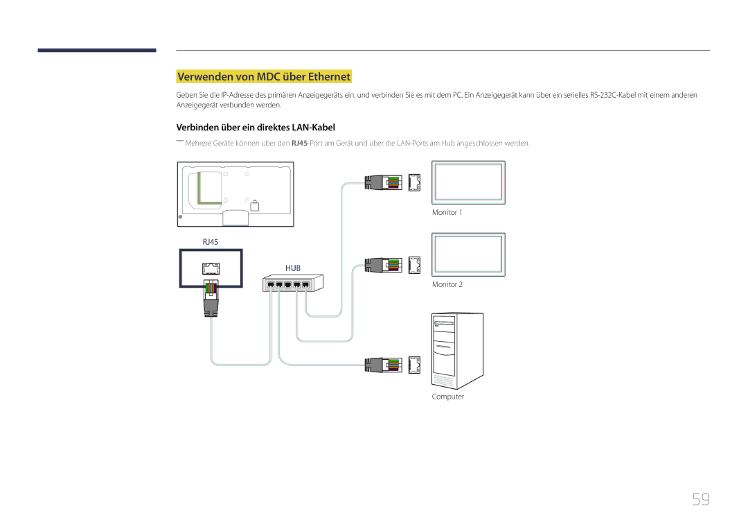 Samsung LH40MECPLGC/EN, LH32MECPLGC/EN manual Verwenden von MDC über Ethernet, Verbinden über ein direktes LAN-Kabel 