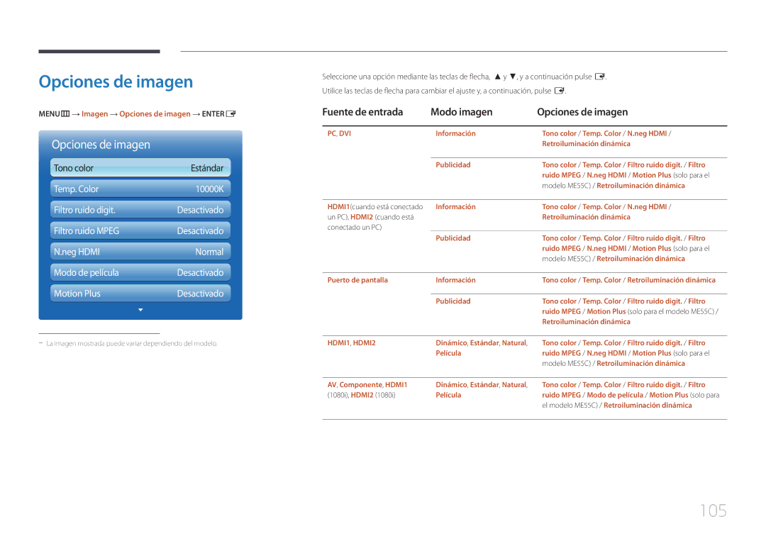 Samsung LH55MECPLGC/EN, LH32MECPLGC/EN, LH46MECPLGC/EN manual 105, Fuente de entrada Modo imagen Opciones de imagen 