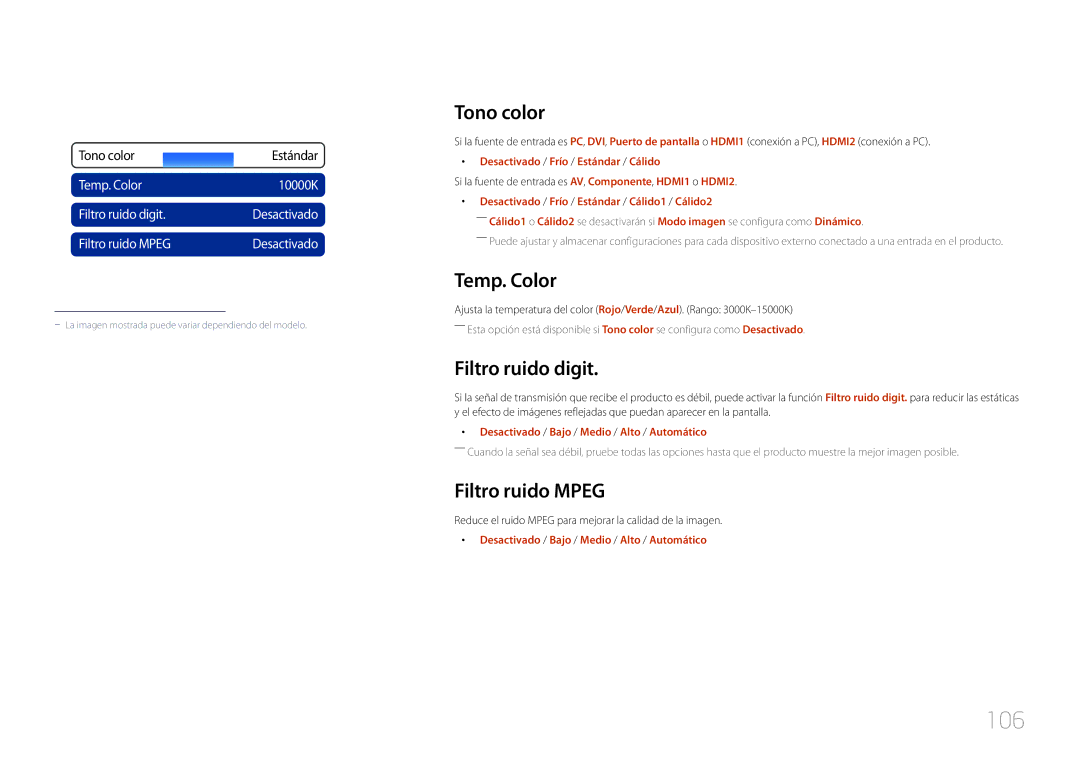 Samsung LH46MECPLGC/EN, LH32MECPLGC/EN, LH55MECPLGC/EN 106, Tono color, Temp. Color, Filtro ruido digit, Filtro ruido Mpeg 