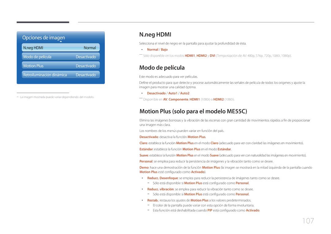 Samsung LH40MECPLGC/EN, LH32MECPLGC/EN manual 107, Neg Hdmi, Modo de película, Motion Plus solo para el modelo ME55C 