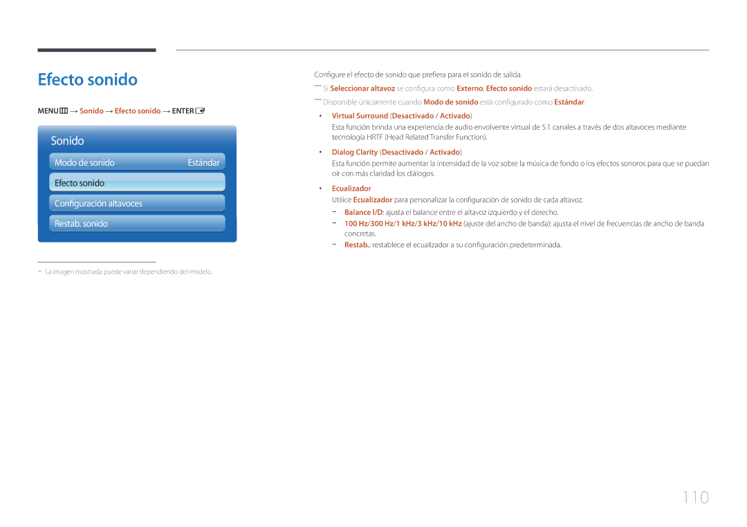 Samsung LH46MECPLGC/EN, LH32MECPLGC/EN, LH55MECPLGC/EN, LH40MECPLGC/EN manual Efecto sonido, 110 