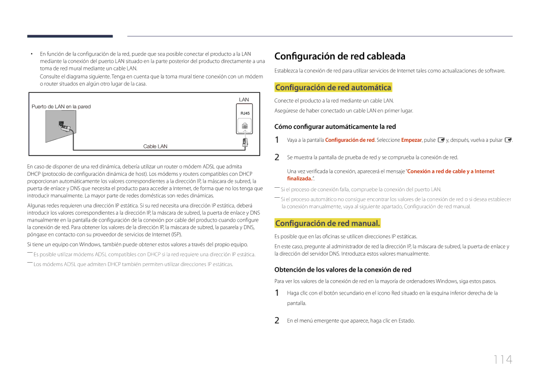 Samsung LH46MECPLGC/EN 114, Configuración de red cableada, Configuración de red automática, Configuración de red manual 