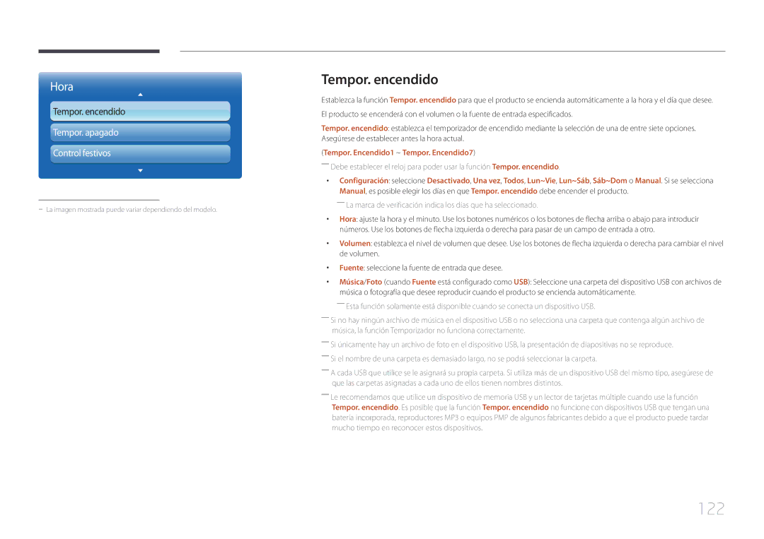 Samsung LH46MECPLGC/EN, LH32MECPLGC/EN, LH55MECPLGC/EN manual 122, Tempor. encendido, Tempor. Encendido1 ~ Tempor. Encendido7 