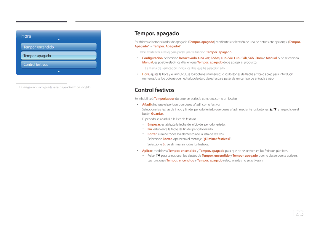 Samsung LH40MECPLGC/EN, LH32MECPLGC/EN, LH55MECPLGC/EN, LH46MECPLGC/EN manual 123, Tempor. apagado, Control festivos 