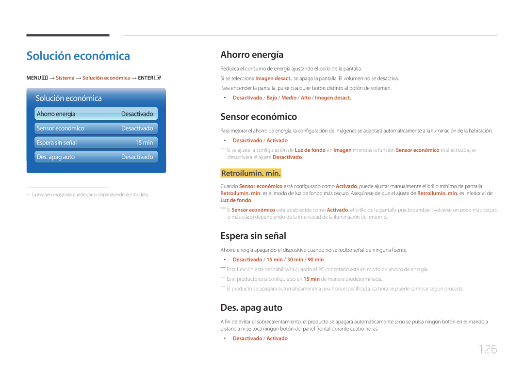 Samsung LH46MECPLGC/EN, LH32MECPLGC/EN, LH55MECPLGC/EN, LH40MECPLGC/EN manual Solución económica, 126 