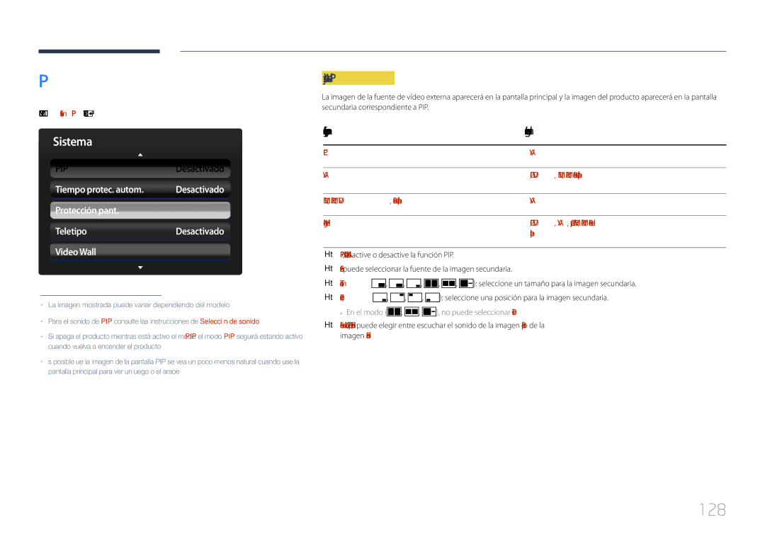 Samsung LH32MECPLGC/EN, LH55MECPLGC/EN, LH46MECPLGC/EN manual 128, Ajustes de PIP, Imagen principal Imagen secundaria, Tamaño 