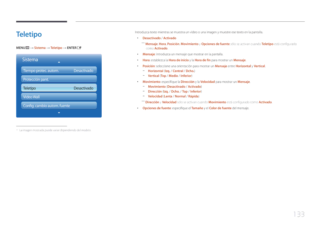 Samsung LH55MECPLGC/EN, LH32MECPLGC/EN manual 133, MENUm → Sistema → Teletipo → Entere, Vertical Top / Medio / Inferior 