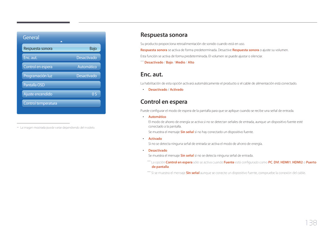 Samsung LH46MECPLGC/EN, LH32MECPLGC/EN, LH55MECPLGC/EN, LH40MECPLGC/EN 138, Respuesta sonora, Enc. aut, Control en espera 