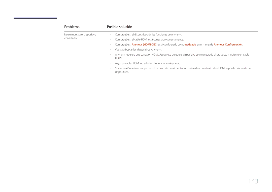 Samsung LH40MECPLGC/EN, LH32MECPLGC/EN, LH55MECPLGC/EN, LH46MECPLGC/EN manual 143, Problema 