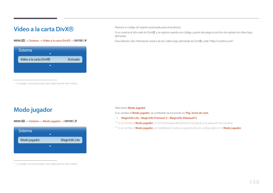 Samsung LH32MECPLGC/EN, LH55MECPLGC/EN manual Modo jugador, 144, MENUm → Sistema → Vídeo a la carta DivX → Entere 