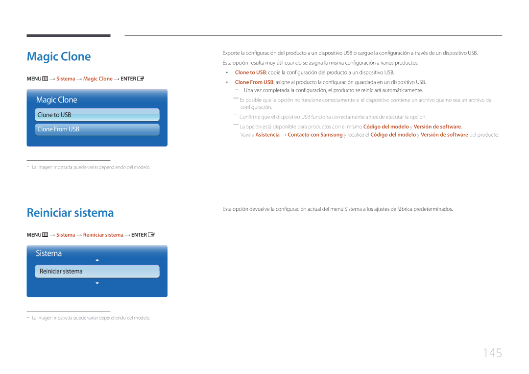 Samsung LH55MECPLGC/EN, LH32MECPLGC/EN, LH46MECPLGC/EN, LH40MECPLGC/EN manual Magic Clone, Reiniciar sistema, 145 