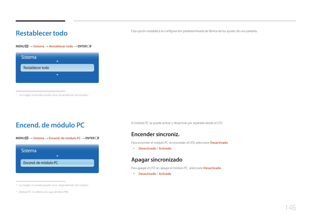 Samsung LH46MECPLGC/EN manual Restablecer todo, Encend. de módulo PC, 146, Encender sincroniz, Apagar sincronizado 